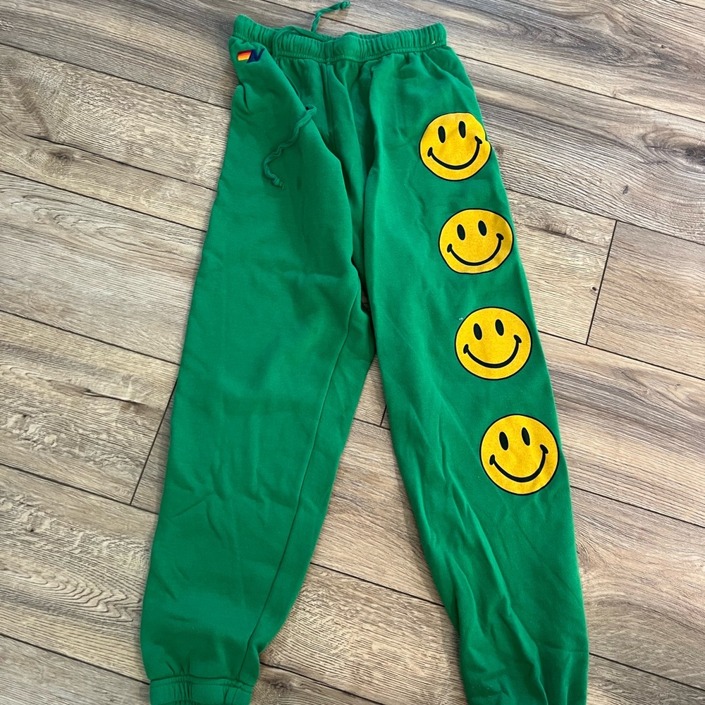 Aviator Nation Green and Yellow Smiley Face Sweatpants